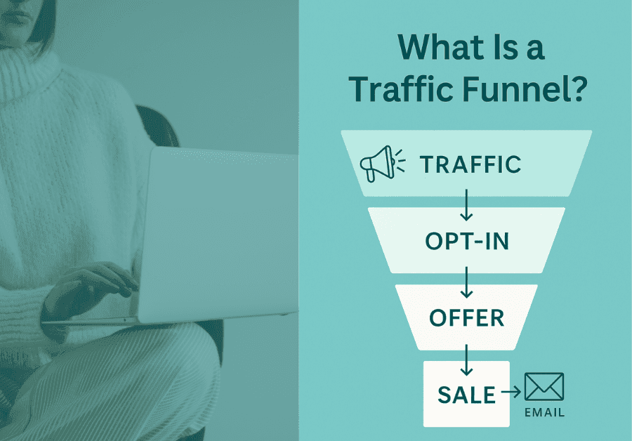 Visual showing each stage of a stealth traffic funnel from traffic to follow-up