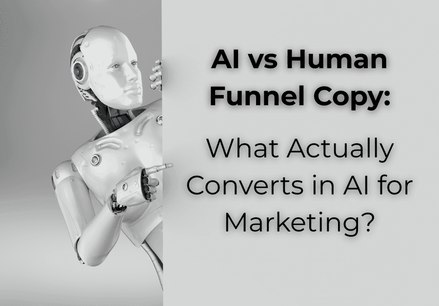 A humanoid robot peeking from behind a wall, symbolizing the contrast between AI and human-written funnel copy in AI for marketing.