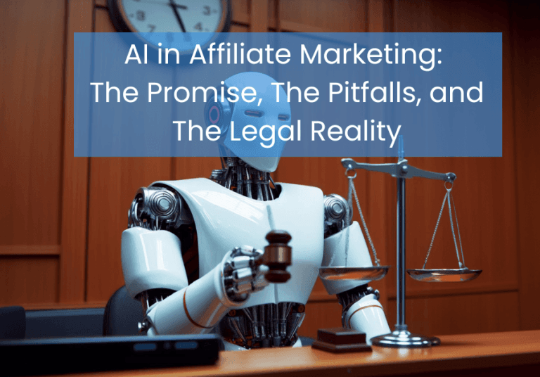 A humanoid robot holding a gavel and scale in a courtroom, symbolizing legal and ethical issues of AI in affiliate marketing.