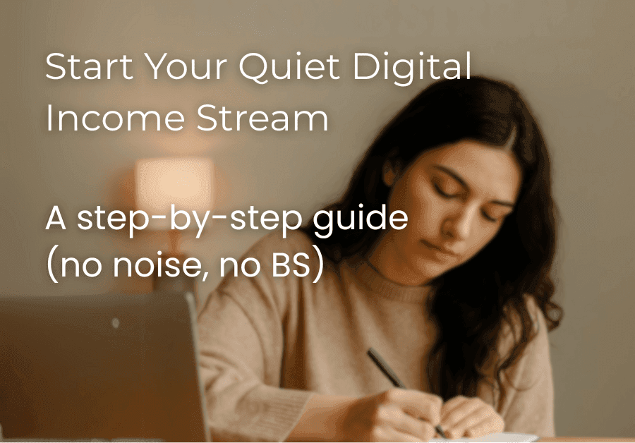 Young woman journaling peacefully in a cozy home setting, representing quiet digital income planning for introverts.