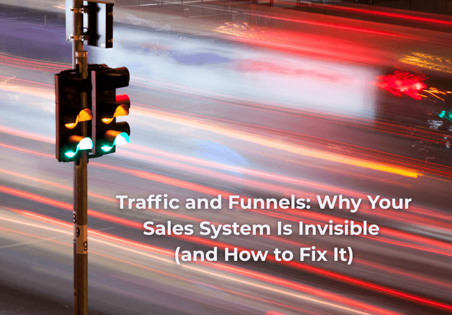 Traffic light at night with motion-blurred cars symbolizing digital traffic flow and funnel momentum.