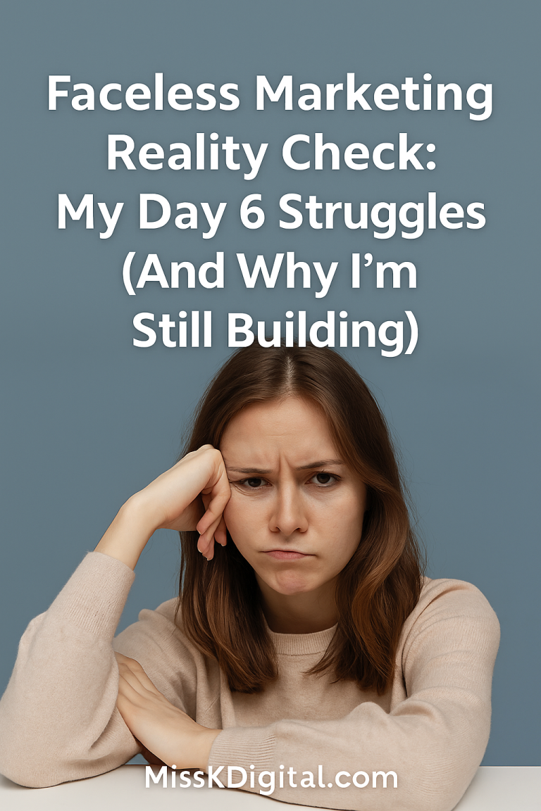 frustrated woman with the caption "faceless marketing reality check: my day 6 struggles (and why I'm still building)