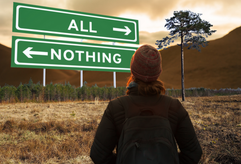 A woman stands at a crossroads with signs for ‘All’ and ‘Nothing’, symbolizing the start of a 30-day digital income challenge after job loss.