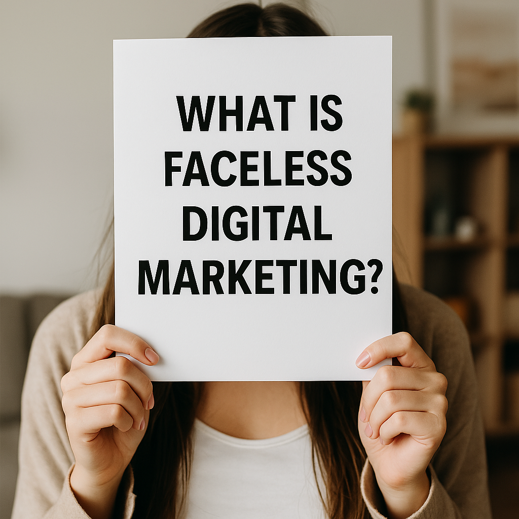 Woman holding a piece of paper to cover her face, symbolizing faceless digital marketing and anonymity in online business.
