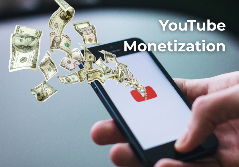 Smartphone showing YouTube app with dollar bills flying out, symbolizing monetization on YouTube for creators earning income online.