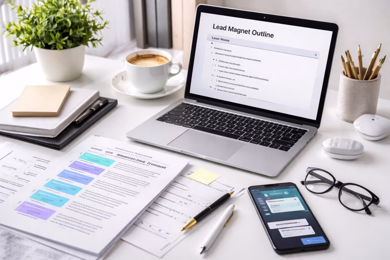 Workspace showing laptop and planning materials used for creating lead magnets with AI tools